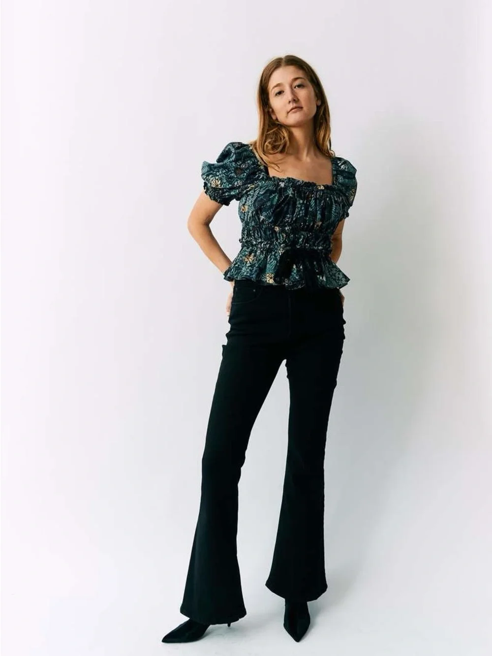 Ulla Johnson Teal Floral Puff-Sleeve Peplum Top